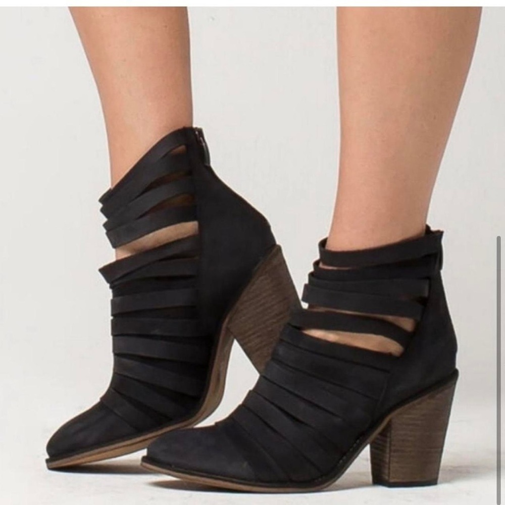 FREE PEOPLE Hybrid Strappy Suede Leather Bootie Boho Black Ankle Boot EU 37 US 7